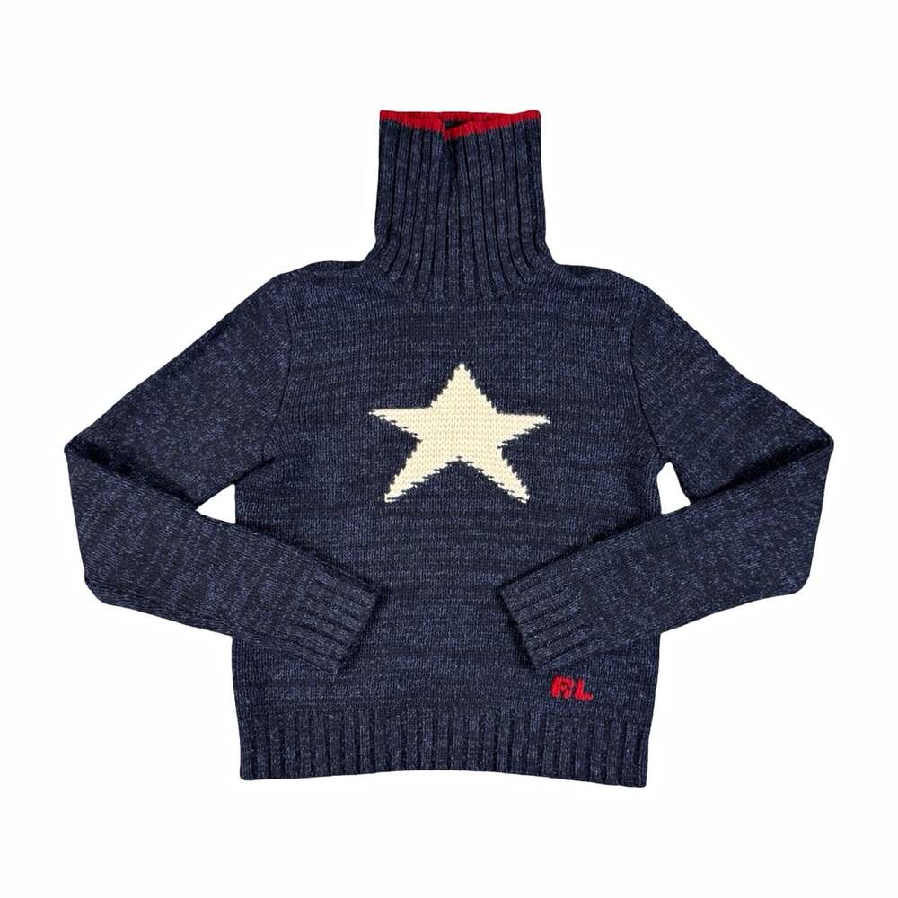 Ralph Lauren Star Knit Sweater Blue Chunk Knit Turtleneck Pullover Sweater M
